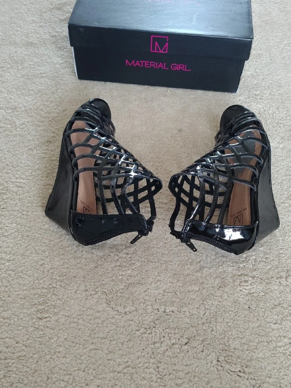 Material Girl Black Patent Lattice Peep-Toe Cage Heels